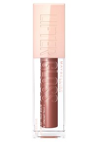 Maybelline Lifter Gloss in a transparent tube featuring a rose gold lid, smooth texture, and soft pink shade, highlighted with raised lettering.