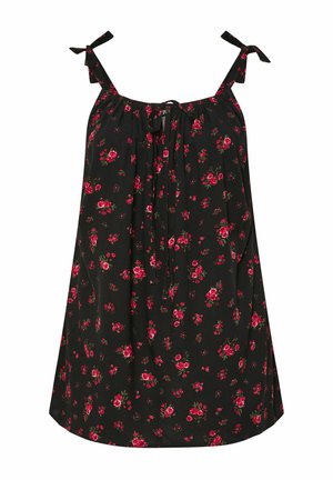 Vestido negro sin mangas con estampado floral de rosas rojas, tirantes ajustables con lazo y detalle de lazo delantero en el escote.