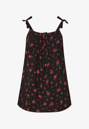 Vestido negro sin mangas con estampado floral de rosas rojas, tirantes ajustables con lazo y detalle de lazo delantero en el escote.