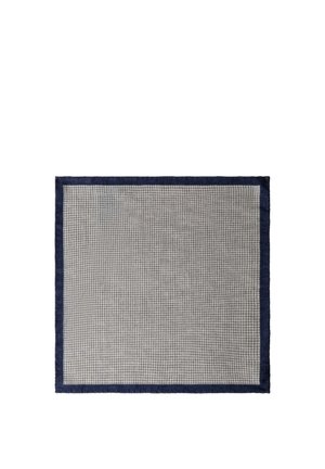 Rechthoekig grijs zakdoekje met klein pied-de-poulemotief en donkerblauwe rand, plat gelegd op witte achtergrond.
