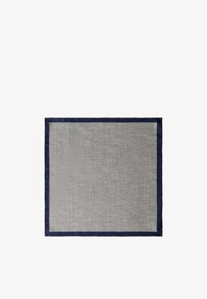 Rectangular gray handkerchief with small houndstooth pattern and dark blue border, laid flat on white background.