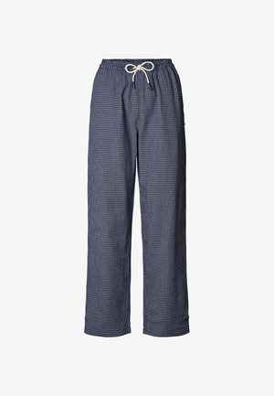 Marineblå rutete bukser laget av lett stoff, med elastisk midjebånd med hvit snor og en løs passform.