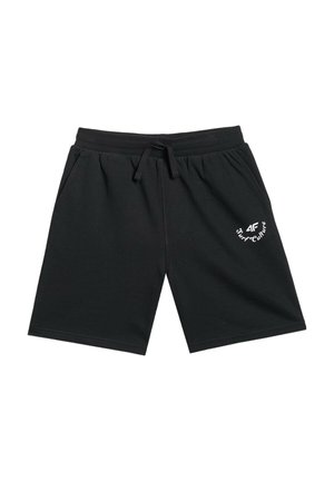 Czarne casualowe szorty z elastycznym pasem i sznurkiem, kieszenie po bokach oraz małe białe logo "4F Surf Culture" na lewej nogawce.