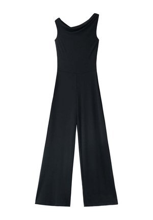 Tuta nera senza maniche con gambe larghe e scollo drappeggiato, mostrata distesa su sfondo bianco.