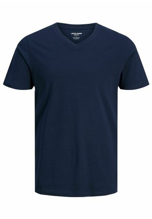 T-shirt en V bleu marine en coton. Manches courtes, coupe standard, avec une texture lisse et un minimum de détails sur le col.