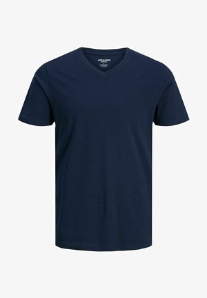 T-shirt en V bleu marine en coton. Manches courtes, coupe standard, avec une texture lisse et un minimum de détails sur le col.