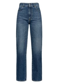 Jeans de tiro alto, de pierna recta en denim azul oscuro con un ligero desvanecimiento, cinco bolsillos y cierre de botón metálico.