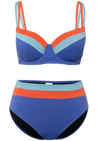 Tvådelad badset som har en vadderad blå bikiniöverdel med orange och ljusblå ränder och matchande högmidjade bottnar med liknande färgaccen.