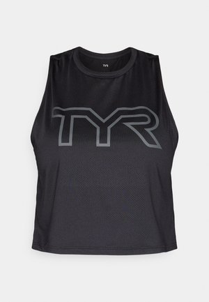 Black sleeveless athletic top made of mesh material, featuring a prominent gray TYR logo on the front. Round neckline and a relaxed fit.