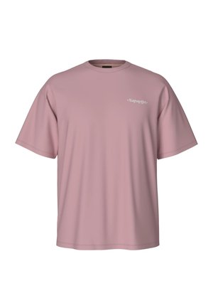 Licht mauve T-shirt met korte mouwen en ronde hals, met een klein wit "Napapijri"-logo op de linkerborst.