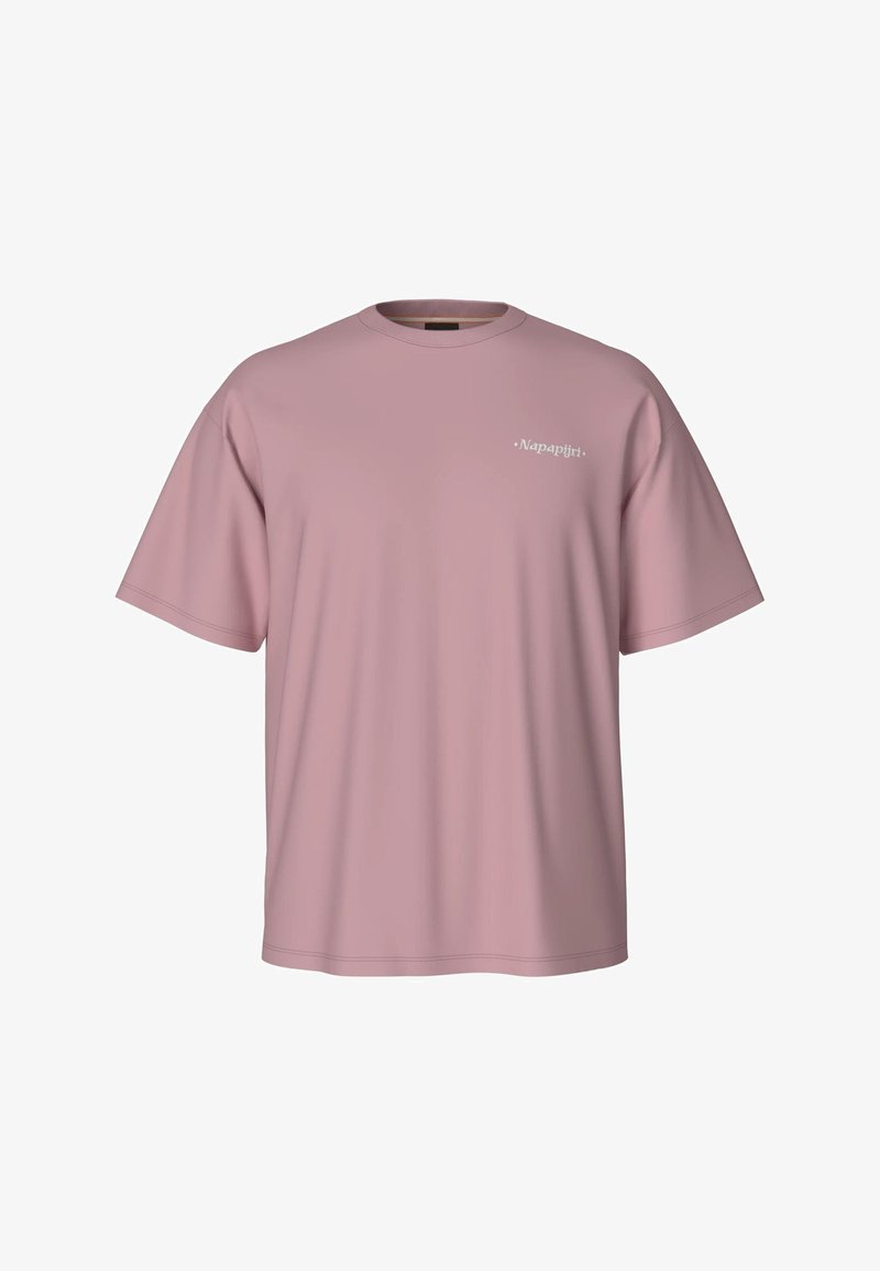 T-shirt mauve clair à manches courtes et col rond avec un petit logo blanc « Napapijri » sur la partie supérieure gauche de la poitrine.