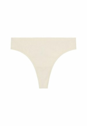Krämfärgade tanga trosor tillverkade av mjukt tyg, med en slät textur och en minimalistisk design med ett V-format midjeband.