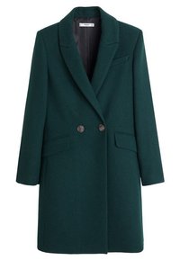 Cappotto in misto lana verde con chiusura doppiopetto, rever affilati, due tasche laterali e una finitura testurizzata.