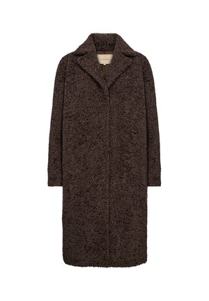Brun texturerad jacka med spetsig krage, långa ärmar och rak skärning, tillverkad av ett mjukt, fluffigt material. Inga synliga stängningar.