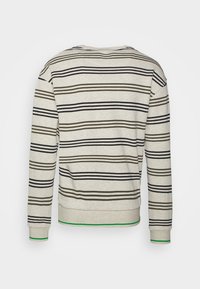 Grauer Langarm-Sweatshirt mit horizontalen blauen, grünen und braunen Streifen. Verfügt über einen gerippten Saum mit einem grünen Akzent an den Bündchen.