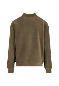 Oliwkowa polarowa kurtka z okrągłym dekoltem, długimi rękawami i elastycznymi mankietami. Miękka tekstura, minimalistyczny design, bez widocznych elementów metalowych.