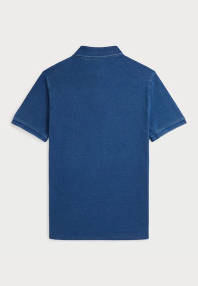 Plain blue short-sleeve polo shirt shown from the back with a folded collar on a white background.
