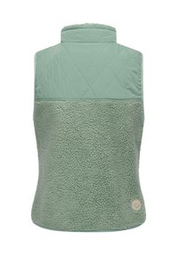 Green vest featuring a quilted top section and soft, textured fleece bottom. Includes a round logo patch near the hem.