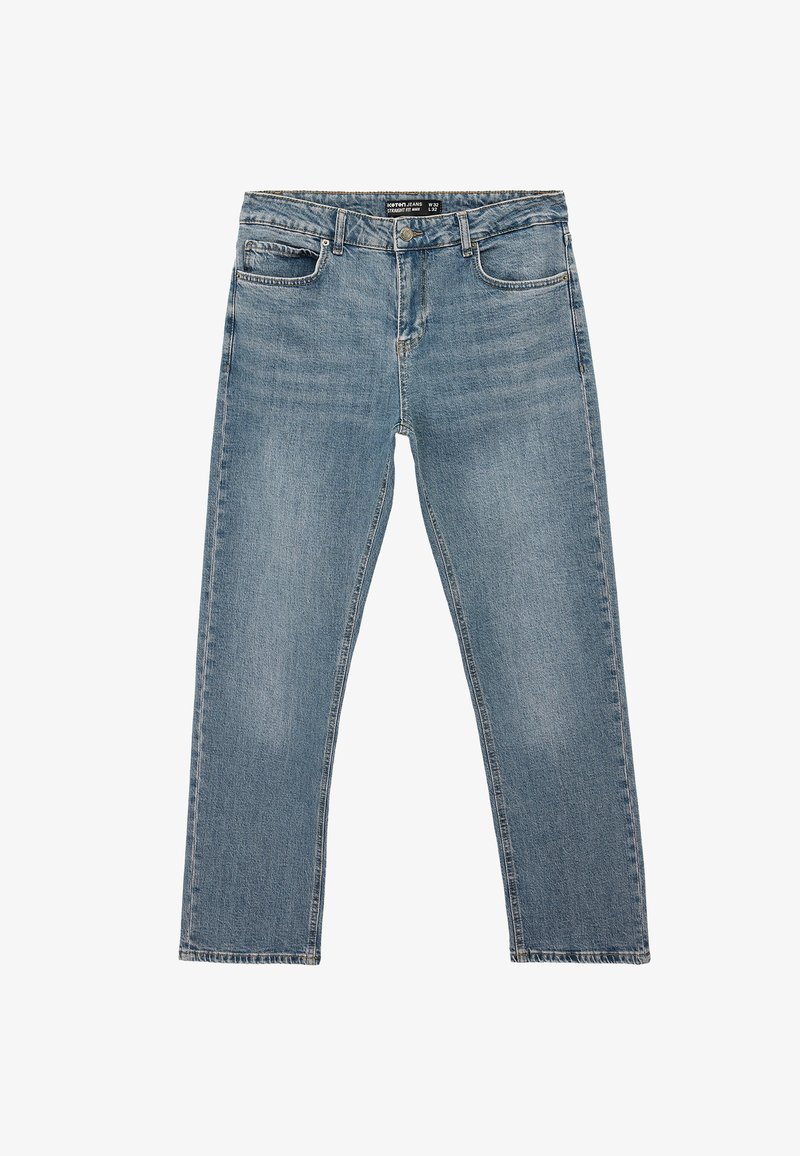 Jean droit en denim bleu avec poches avant, passants pour ceinture et braguette zippée, taille W32 L32 présenté sur un fond blanc.