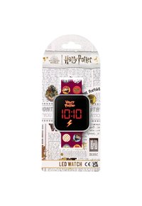 Montre LED Harry Potter avec un cadran carré noir, un affichage numérique rouge et un bracelet violet orné d'impressions colorées de personnages et d'icônes.