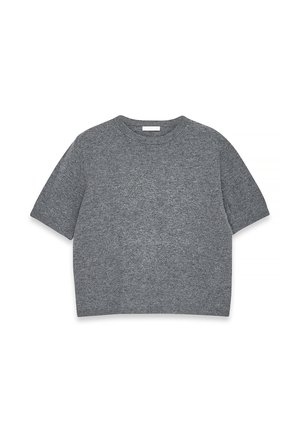 Grauer, kurz geschnittener Strickpullover mit rundem Ausschnitt und kurzen Ärmeln. Hergestellt aus weichem Material mit glatter Textur und dezentem Melange-Muster.