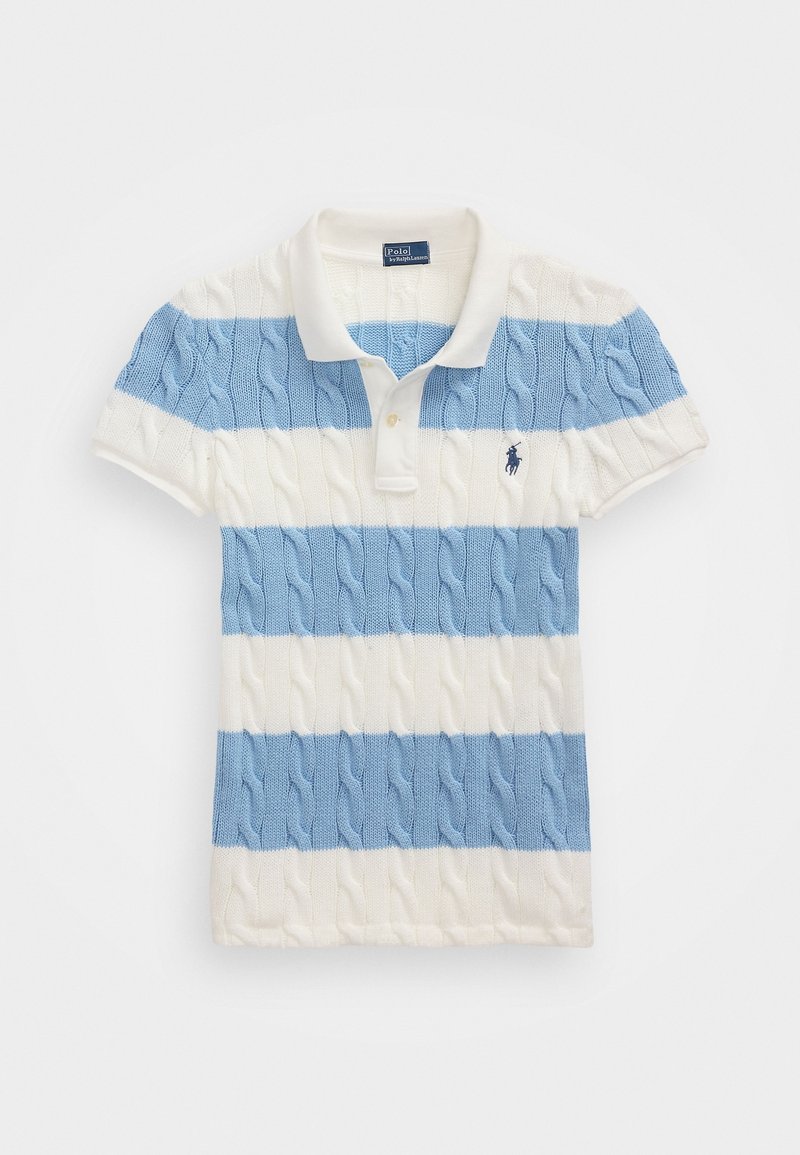 Polo manches courtes avec rayures horizontales bleu et blanc en maille torsadée, col blanc, petit logo brodé sur la poitrine.