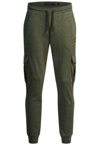 Olijfgroene joggingbroek met een elastische tailleband, trekkoord, zijcargo zakken en geribde boorden.