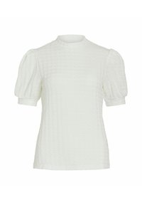 Texturerad vit blus med korta puffärmar, hög halsringning och subtilt rutmönster. Tillverkad av lättviktsmaterial för komfort.