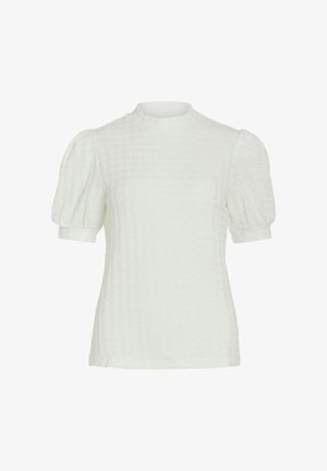 Texturēta baltā blūze ar īsām pūkainām piedurknēm, augstu apkakli un smalku rūtiņu rakstu. Izgatavota no viegla auduma komfortam.