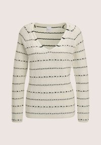 Cremfarbener, langärmeliger Strickpullover mit schwarzen horizontalen gepunkteten Streifen und V-Ausschnitt.