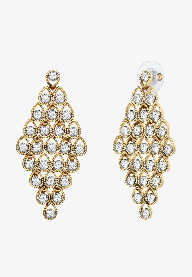 Auksinės spalvos auskarai su tinklelio dizainu, turintys daugybę apvalių skaidrių kristalų, išdėstytų ašaros forma. Įeina skaidrūs laikikliai.