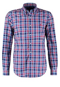 Chemise à manches longues boutonnée avec motif à carreaux bleu, rouge et blanc et col boutonné.
