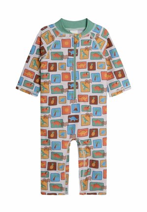 Salopetă cu mânecă lungă, având un design tipărit multicolor cu dinozauri, soare și ananas pe un fundal deschis; închidere cu fermoar în față.