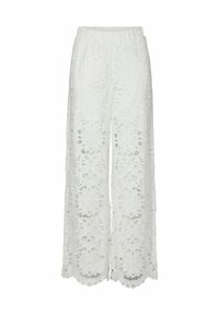 Pantaloni larghi bianchi in pizzo con vita elastica, caratterizzati da motivi floreali e orli ondulati. Tessuto leggero e semi-trasparente.