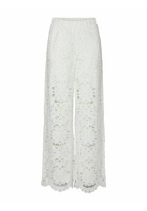 Pantaloni larghi bianchi in pizzo con vita elastica, caratterizzati da motivi floreali e orli ondulati. Tessuto leggero e semi-trasparente.