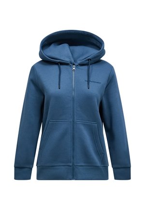 Felpa blu con zip realizzata in morbido tessuto misto cotone. Presenta un grande cappuccio, due tasche frontali e un logo discreto sul petto.