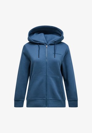 Blauwe ritshoodie gemaakt van een zachte katoenmix. Heeft een grote capuchon, twee zakken aan de voorkant en subtiele merkvermelding op de borst.