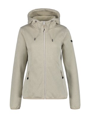 Beige patterned women's zip-up jacket with hood, drawstrings, and zippered side pockets, displayed on white background.