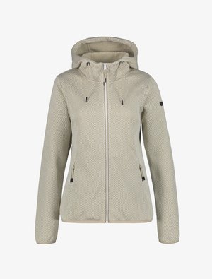Beige patterned women's zip-up jacket with hood, drawstrings, and zippered side pockets, displayed on white background.