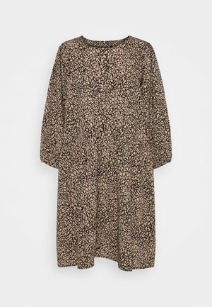 Czarna i beżowa sukienka do kolan z okrągłym dekoltem, długimi rękawami i strukturalnym abstrakcyjnym wzorem. Luźny krój.