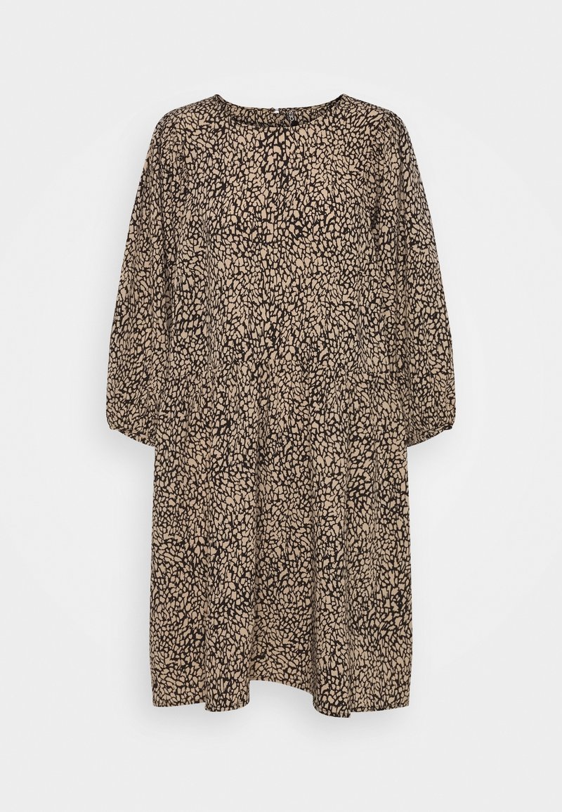 Svart och beige knälång klänning med rund halsringning, långa ärmar och ett texturerat abstrakt tryckmönster. Löst sittande design.