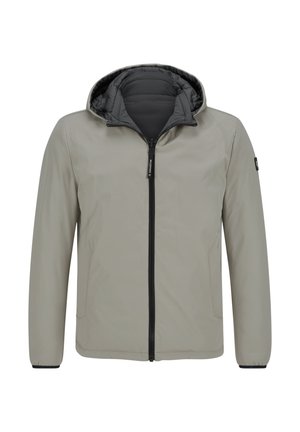 Hellgrau Jacke mit schwarzem Reißverschluss vorne, Kapuze und zwei Seitentaschen. Ausgestattet mit einer glatten Außenseite und einem gesteppten Innenfutter.