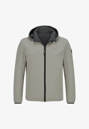 Hellgrau Jacke mit schwarzem Reißverschluss vorne, Kapuze und zwei Seitentaschen. Ausgestattet mit einer glatten Außenseite und einem gesteppten Innenfutter.