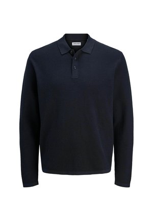 Dark navy long-sleeve polo shirt with textured knit fabric and three-button placket, collar, and brand label inside neckline.