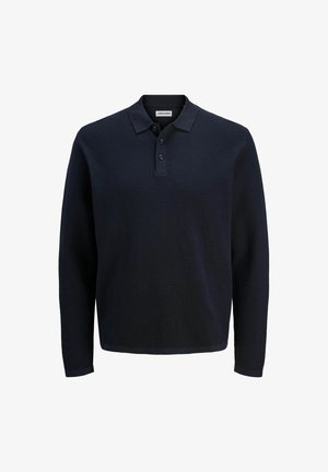 Tumed tumesinise pika varrukaga polo-särk tekstuurse kudumisega, kolmesuguste nuppudega, kaelus ja kaubamärgi silt kaeluse sisepoolel.