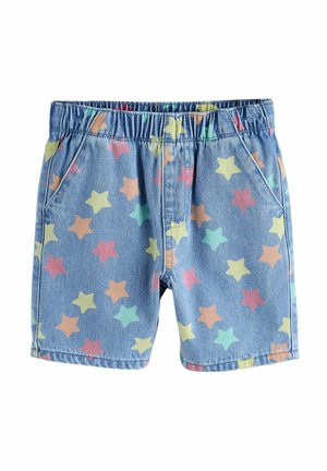 Pantaloni scurți albaștri cu talie elastică, decorați cu modele de stele multicolore și buzunare frontale, expuși pe un fundal alb.