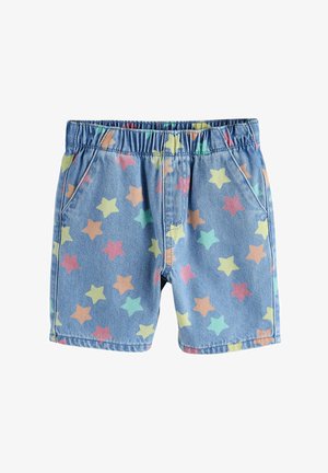 Pantaloni scurți albaștri cu talie elastică, decorați cu modele de stele multicolore și buzunare frontale, expuși pe un fundal alb.