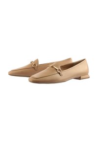 Beige leather loafers with a pointed toe, featuring a gold-tone ring accent and a low block heel for stability and style.