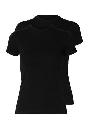 To ensfarvede sorte T-shirts med korte ærmer og rund hals, den ene placeret let bag den anden, vist på en hvid baggrund.