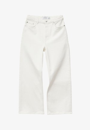 Weiße Jeans mit hoher Taille und weitem Bein, vorne mit Knopf- und Reißverschluss, Gürtelschlaufen und Fünf-Taschen-Design.